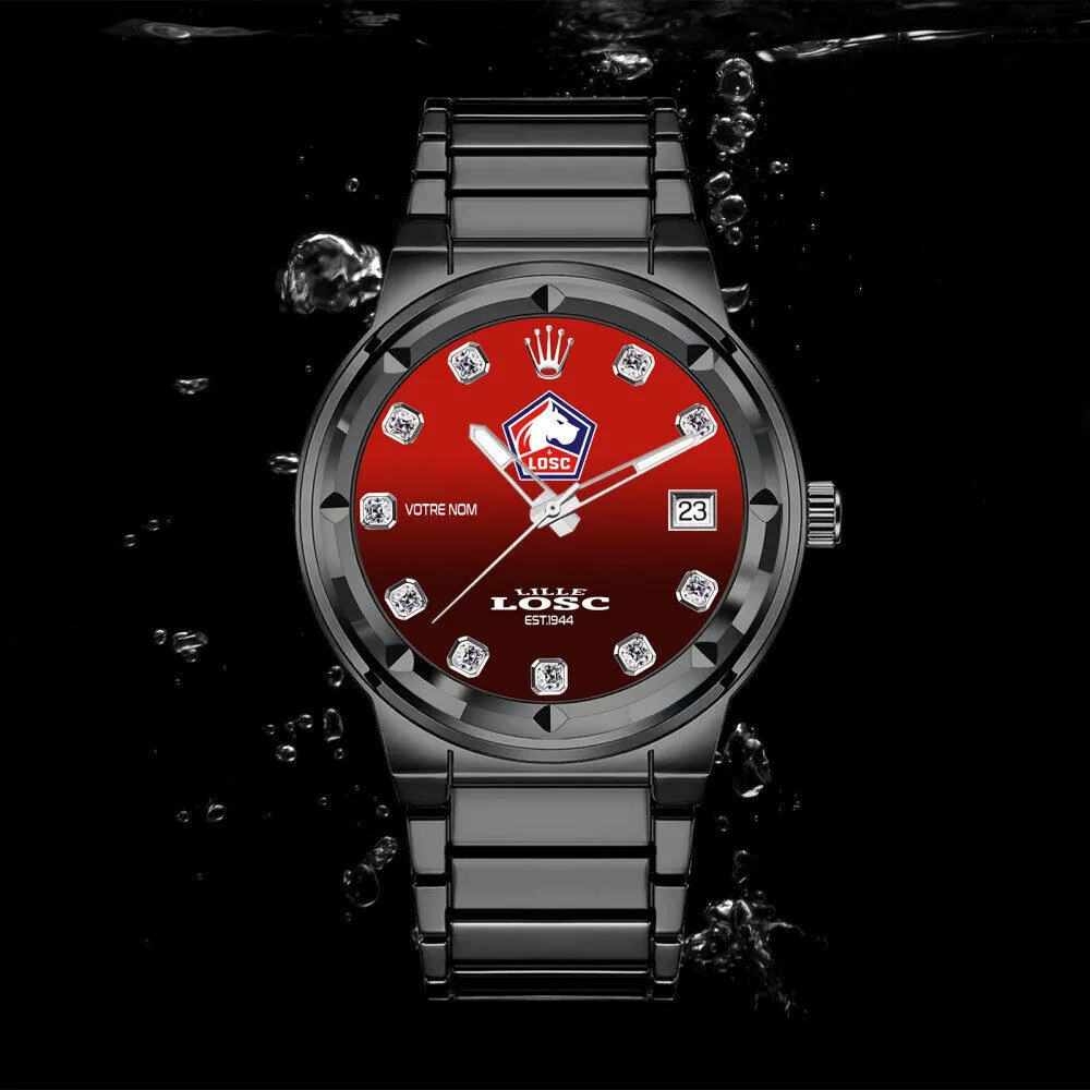 LOSC Lille Football Club Red Dial Diamond Accent Stainless Steel Watch