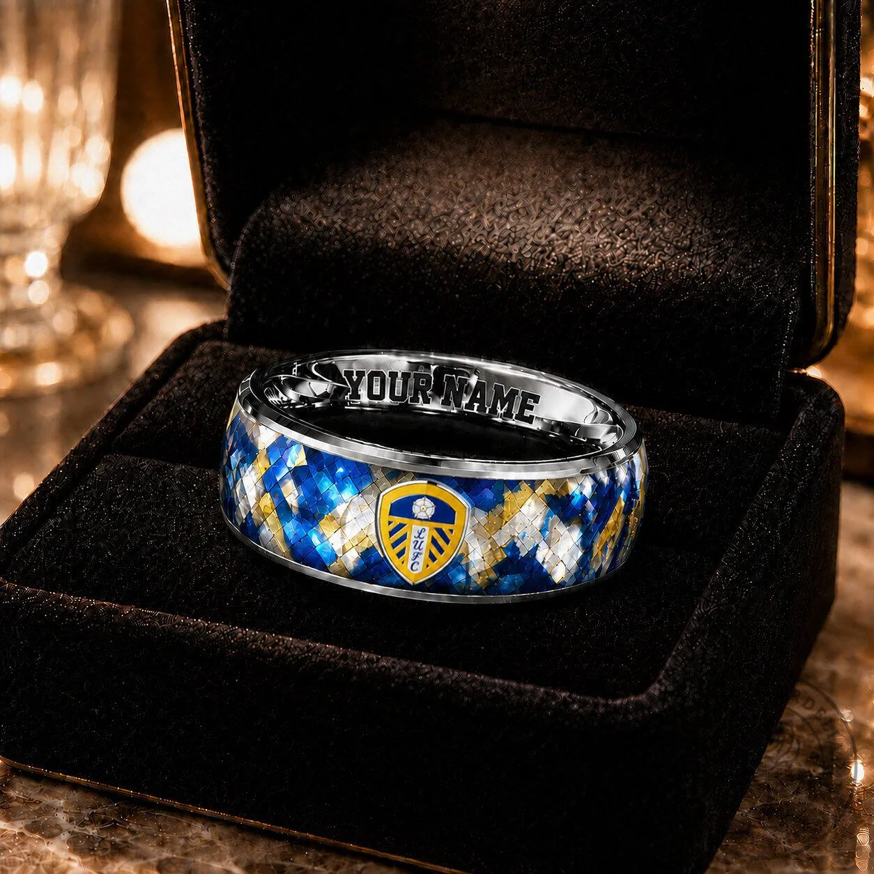 Leeds United Football Club Diamond Pattern Custom Name Ring