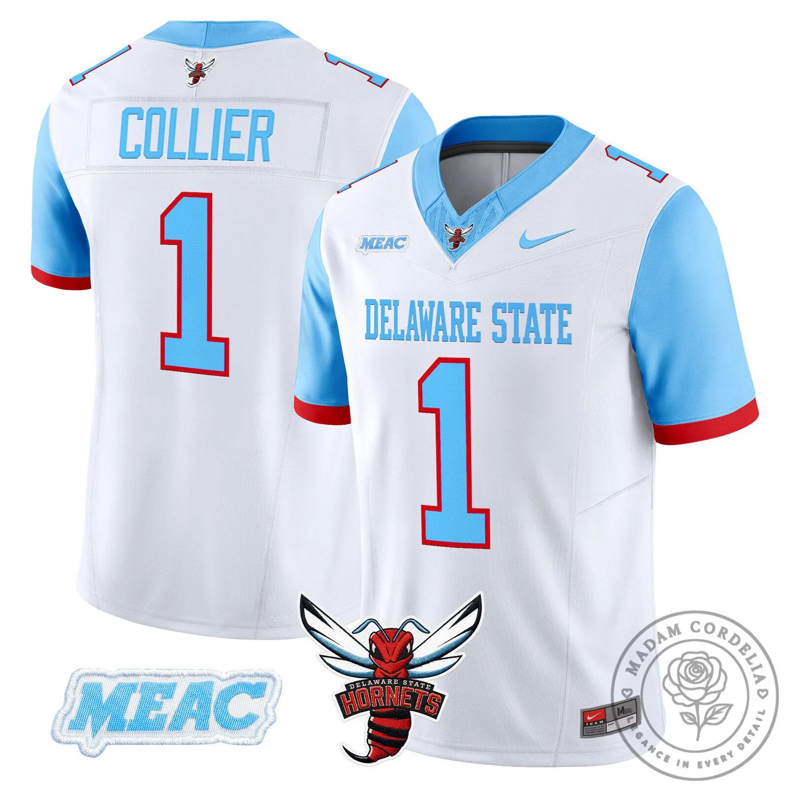 Delaware State Hornets Football Team White and Blue Sports Jersey 5 Delaware State Hornets Football Team White and Blue Sports Jersey