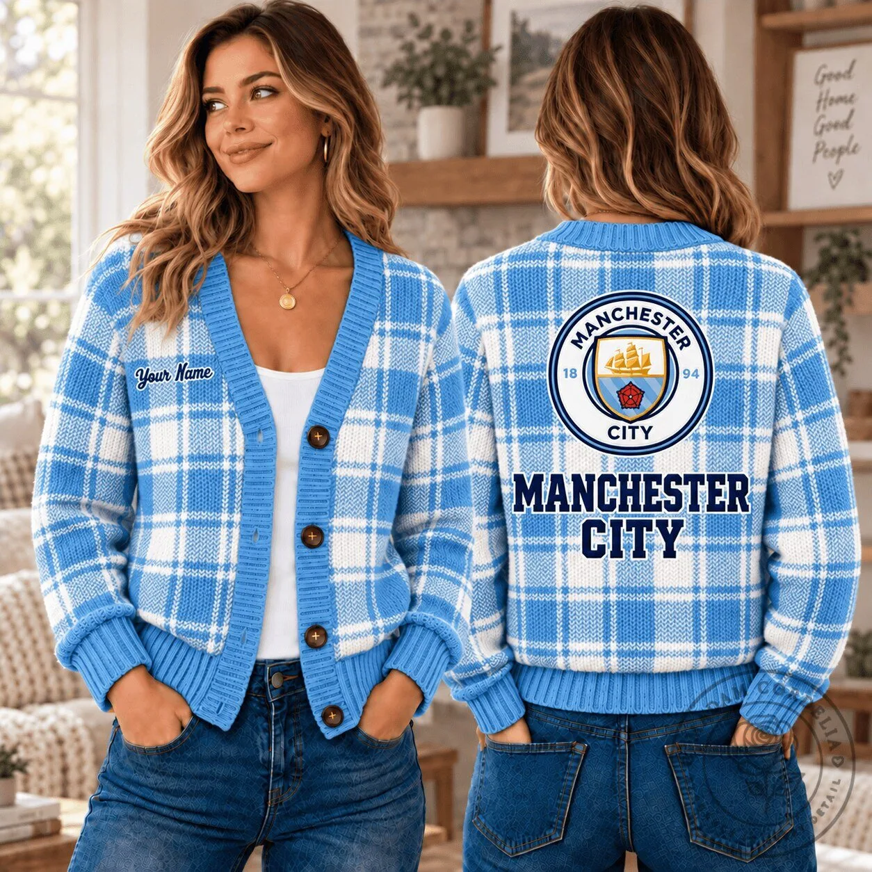 Manchester City Football Club Plaid Knit Cardigan Sweater
