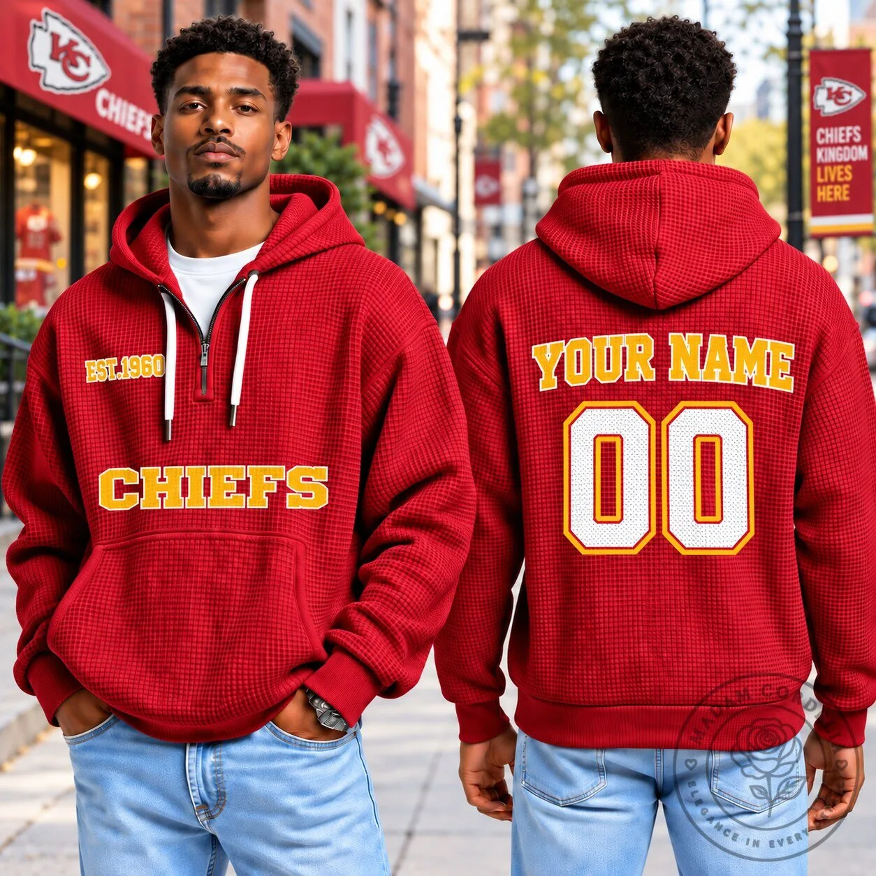 Kansas City Chiefs Custom Name and Number Waffle Knit Quarter Zip Hoodie