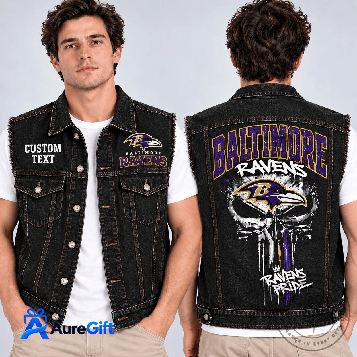 Baltimore Ravens NFL Football Team Skull Design Denim Vest Jacket