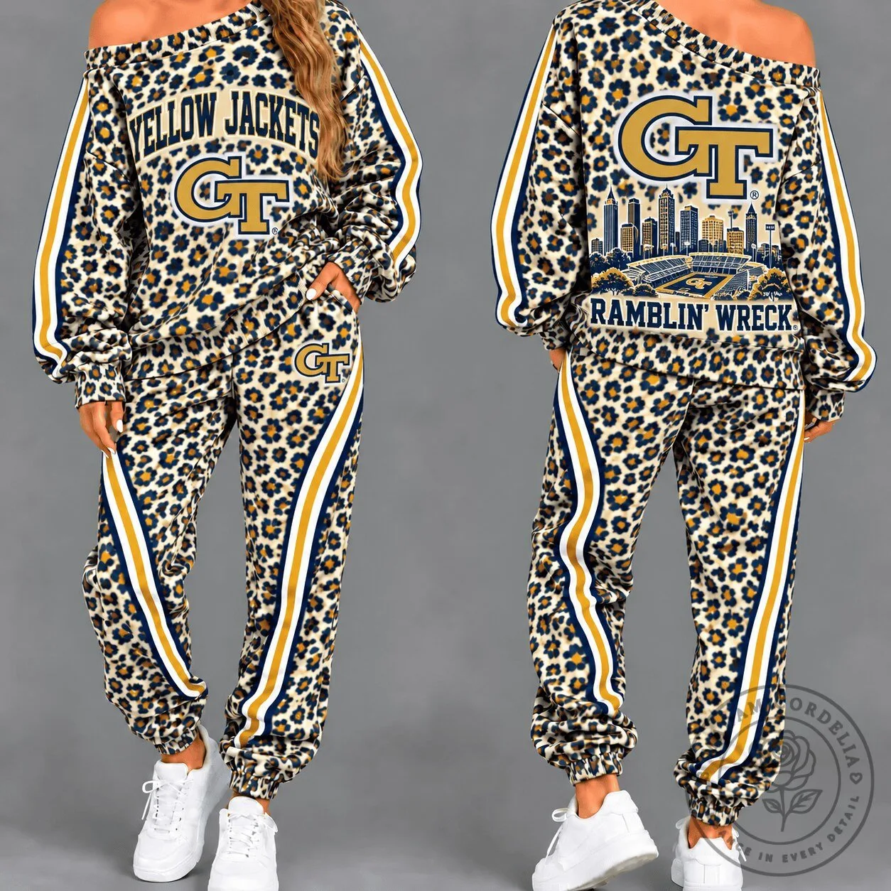 Georgia Tech Yellow Jackets Leopard Print Off Shoulder Tracksuit
