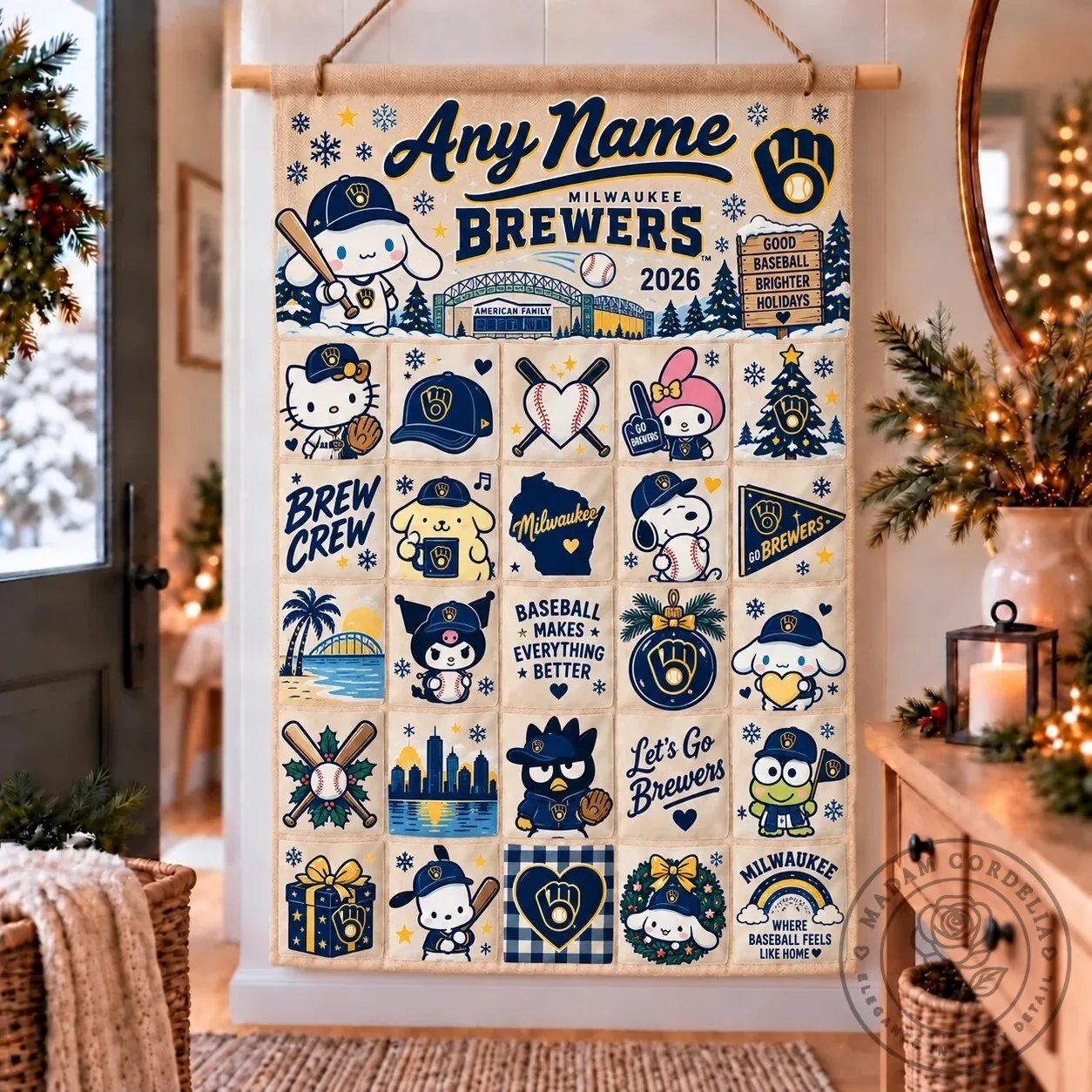 Milwaukee Brewers Hello Kitty Baseball Christmas Advent Calendar Wall Hanging