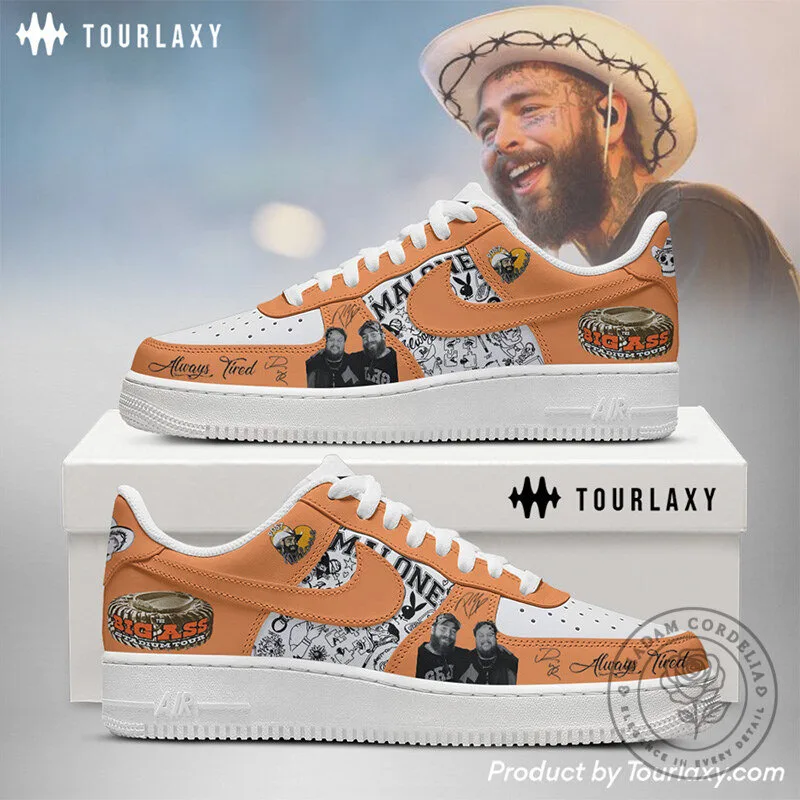 Post Malone Always Tired Custom Sneakers, White and Orange Athletic Shoes