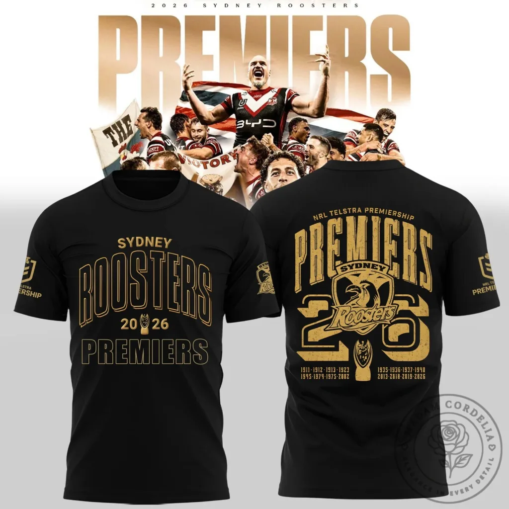 Sydney Roosters 2026 NRL Premiers Commemorative Black T-Shirt Sydney Roosters 2026 NRL Premiers Commemorative Black T-Shirt