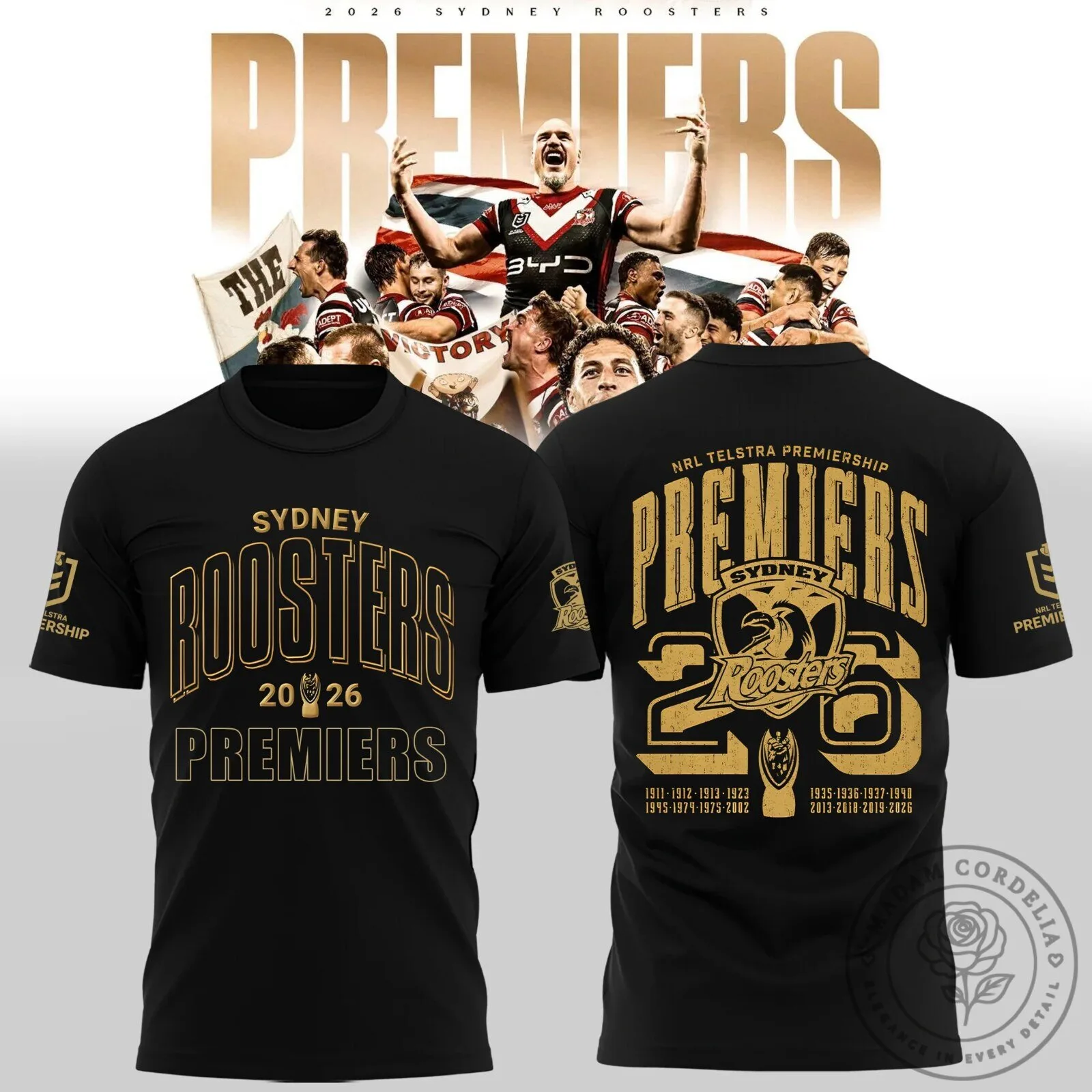 Sydney Roosters 2026 NRL Premiers Commemorative Black T-Shirt 5 Sydney Roosters 2026 NRL Premiers Commemorative Black T-Shirt