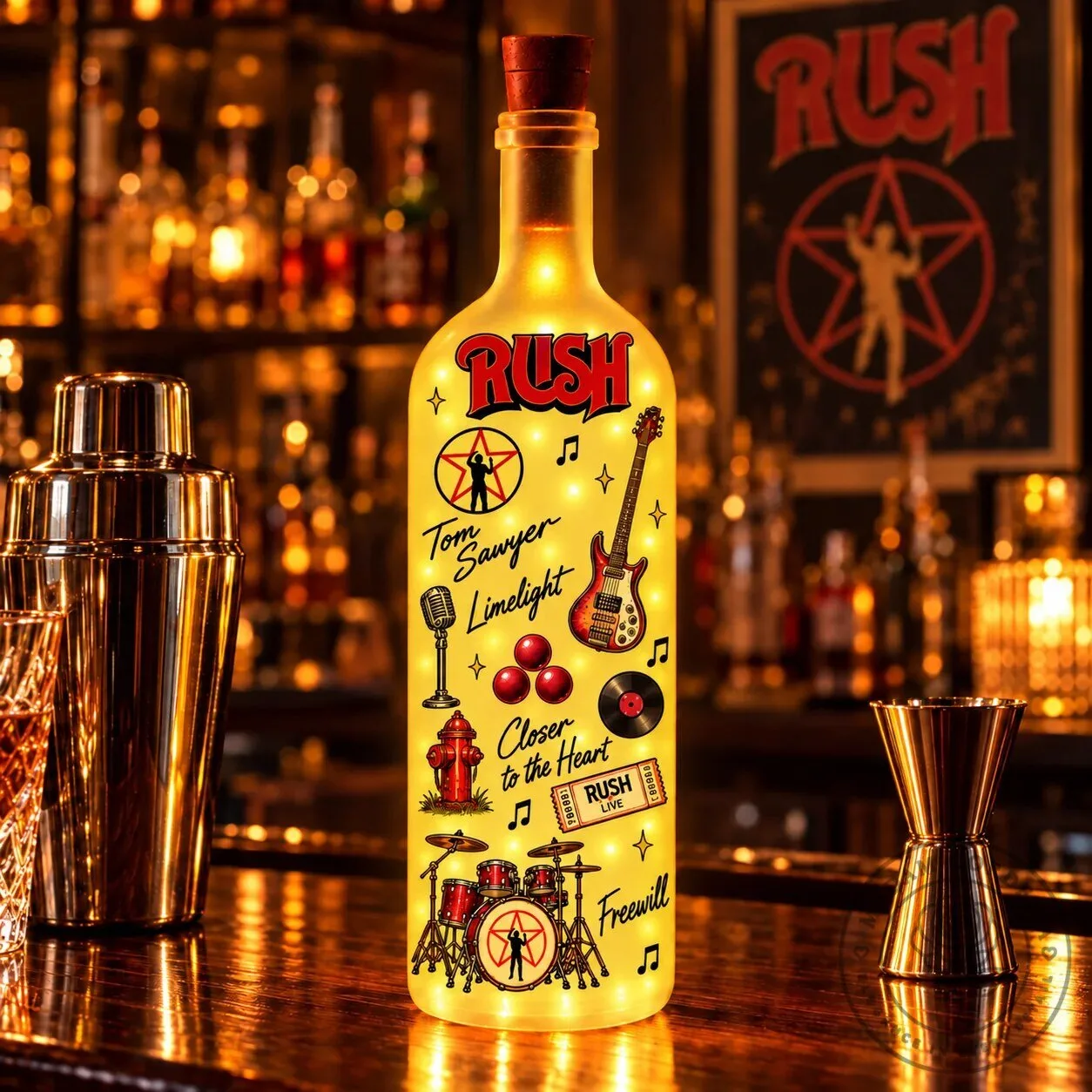 Rush Band Tom Sawyer Limelight Lighted Bottle Lamp, Music Fan Decor
