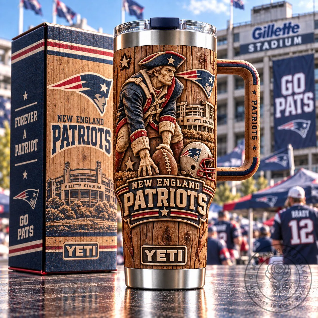 New England Patriots Woodgrain Relief Stainless Steel Insulated Tumbler with Handle
