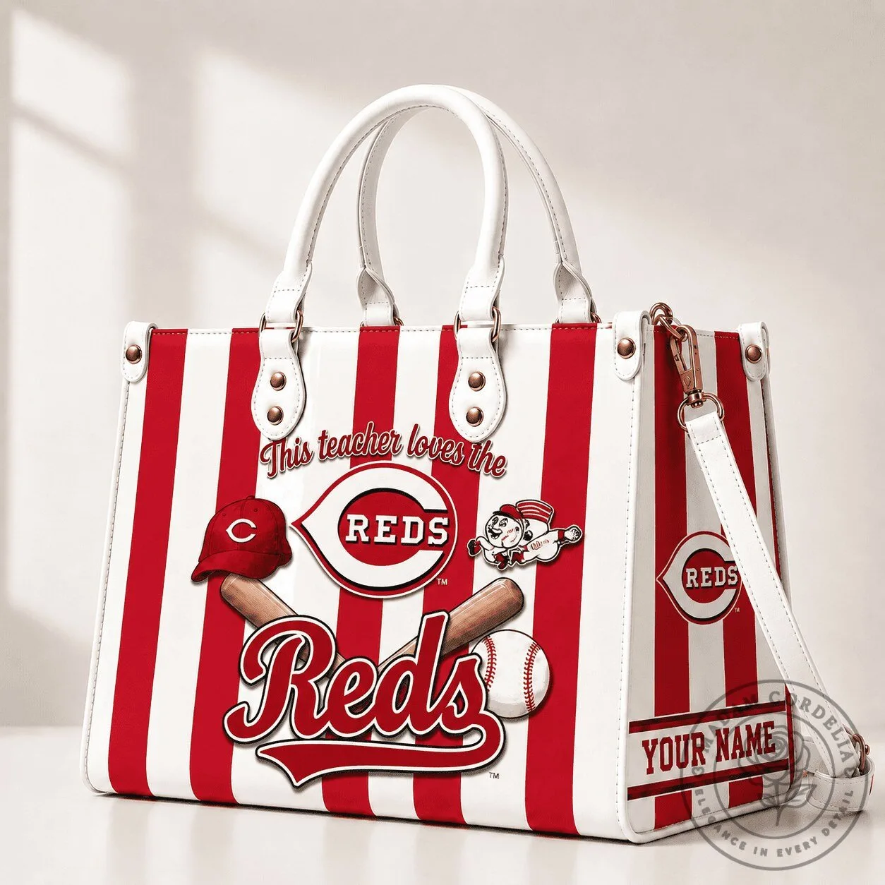 Cincinnati Reds Baseball Team Striped Leather Handbag with Personalized Name