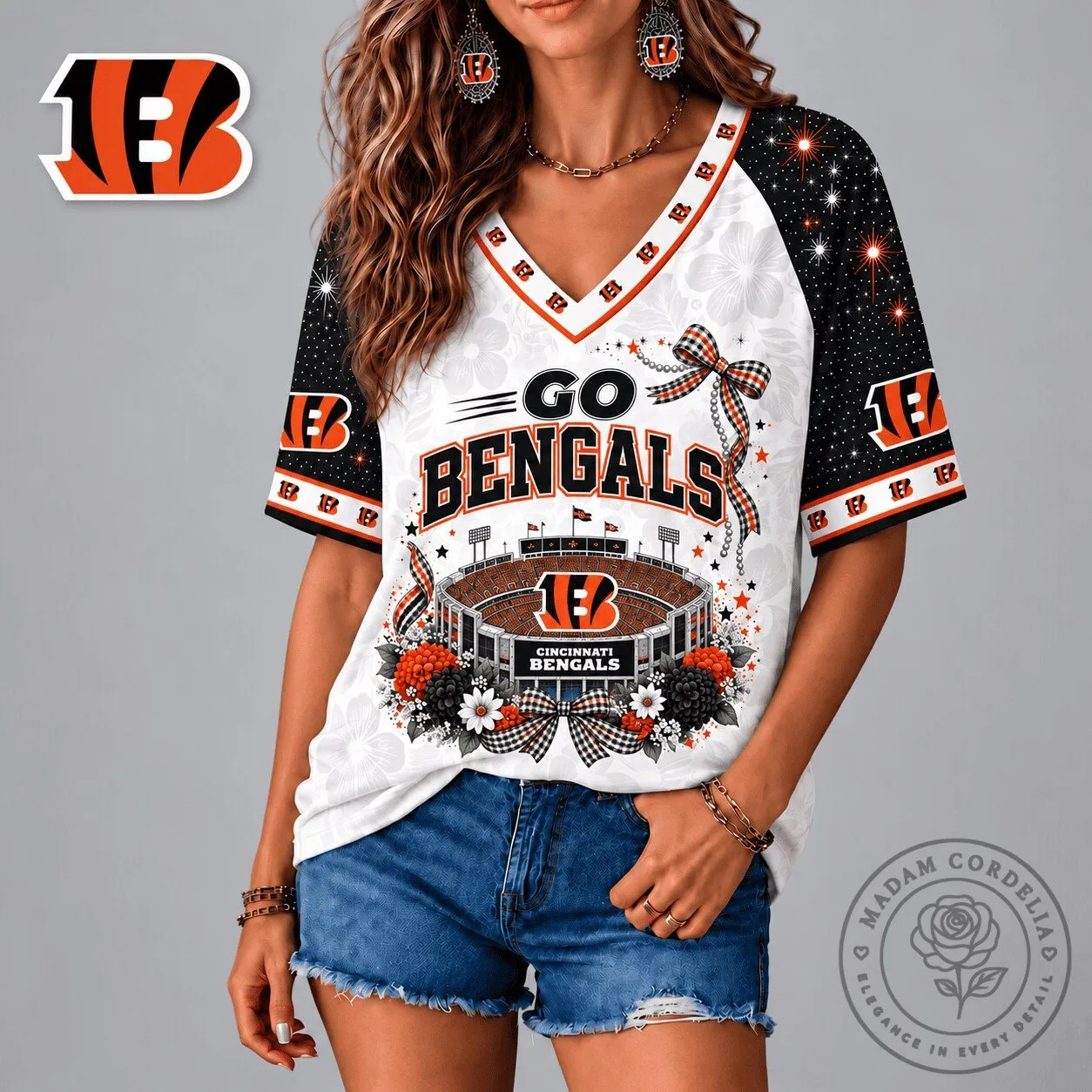 Cincinnati Bengals Football Team Patriotic Floral Bow V-Neck Raglan T-Shirt
