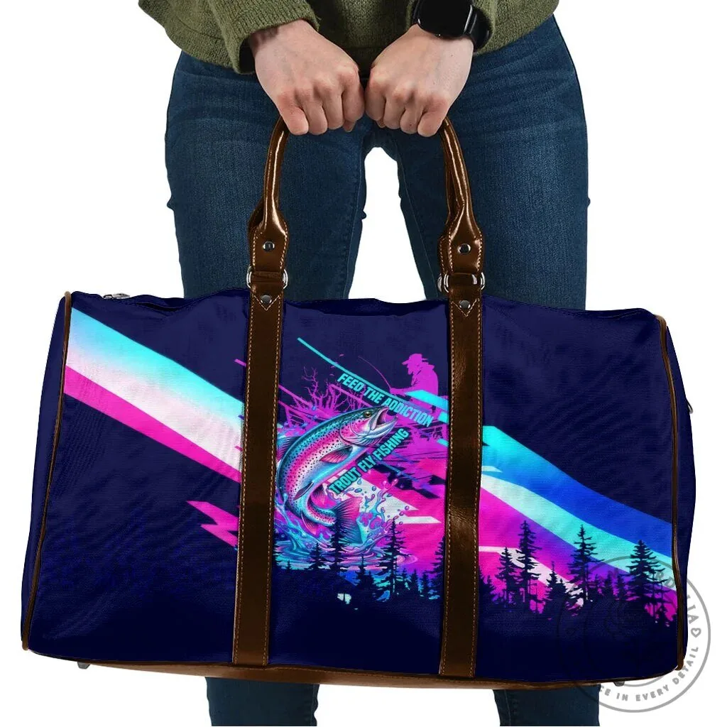 Trout Fly Fishing Born To Cast Travel Bag Neon Cyberpunk Rainbow Trout Fisherman