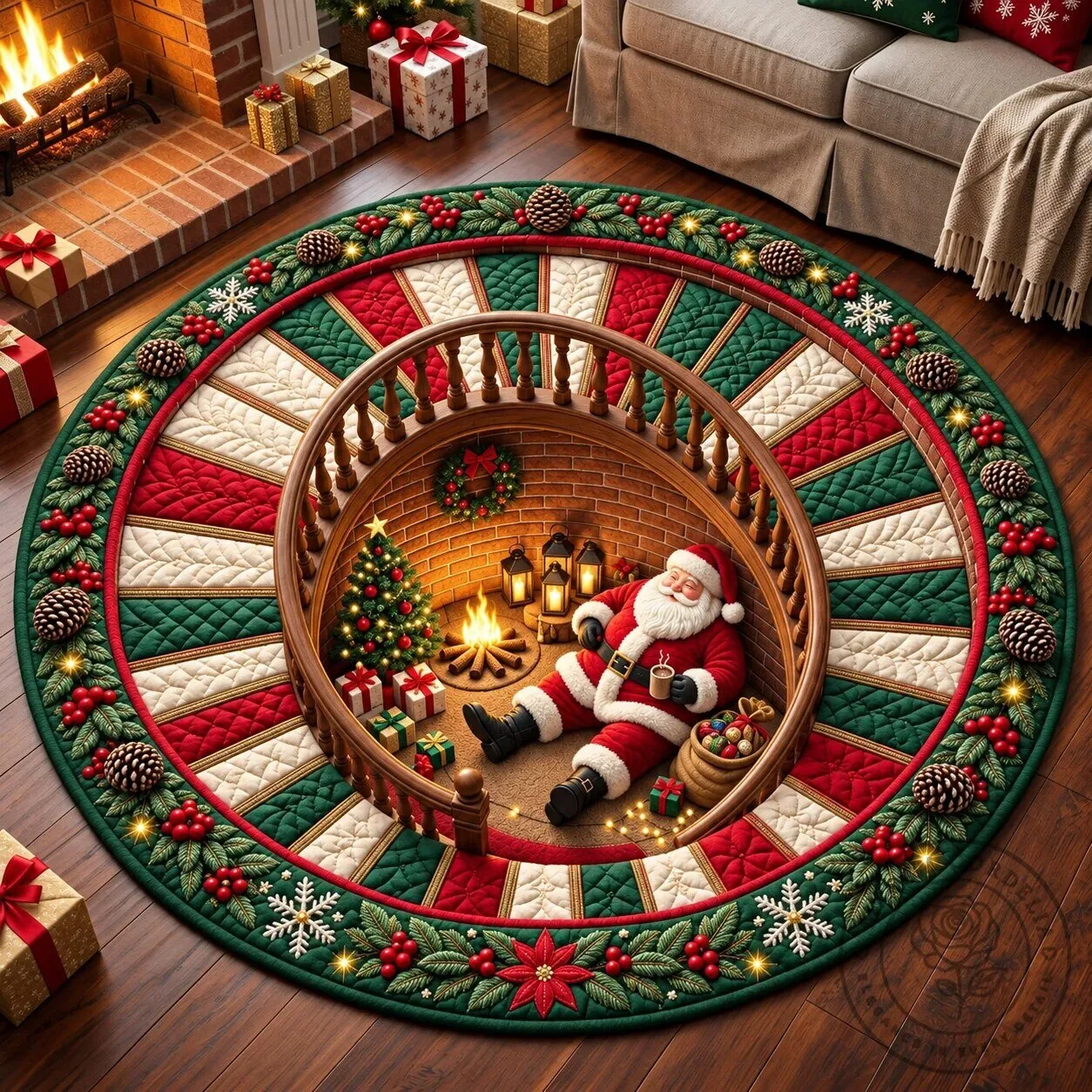 Christmas Santa Claus Tunnel Quilted Round Area Rug 6 Christmas Santa Claus Tunnel Quilted Round Area Rug