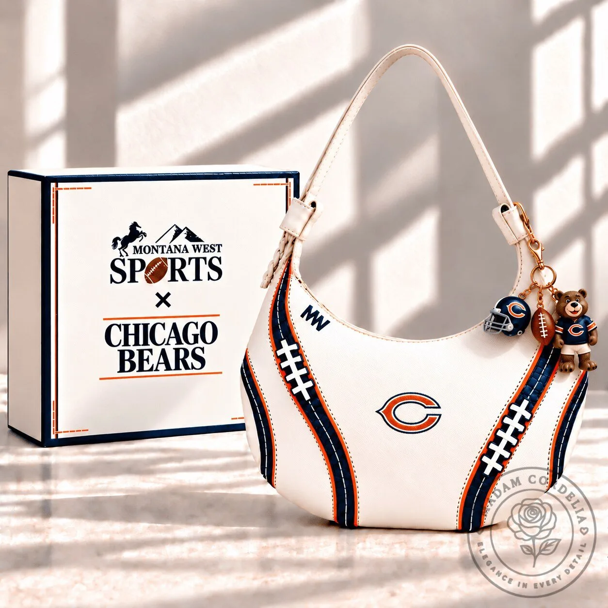 Chicago Bears Football Team White Hobo Bag with Keychain Charm