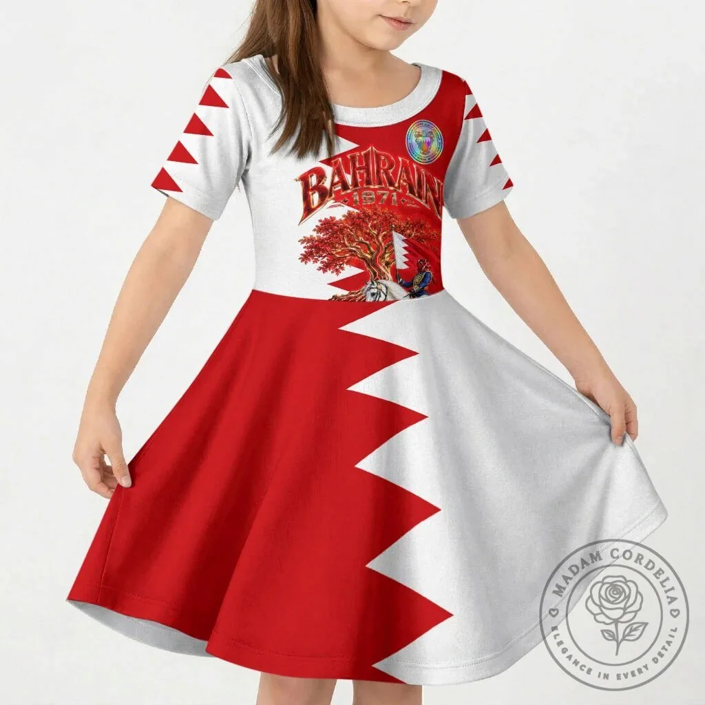 Bahrain National Day Kids Short Sleeve Dress Cultural Emblem Flag Horse Knight