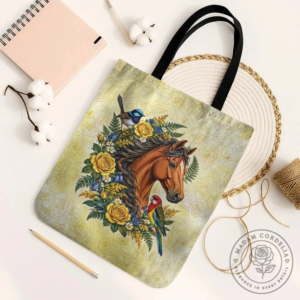 Horse Yellow Rose Wreath Tote Bag with Blue Wren and Rosella Parrot