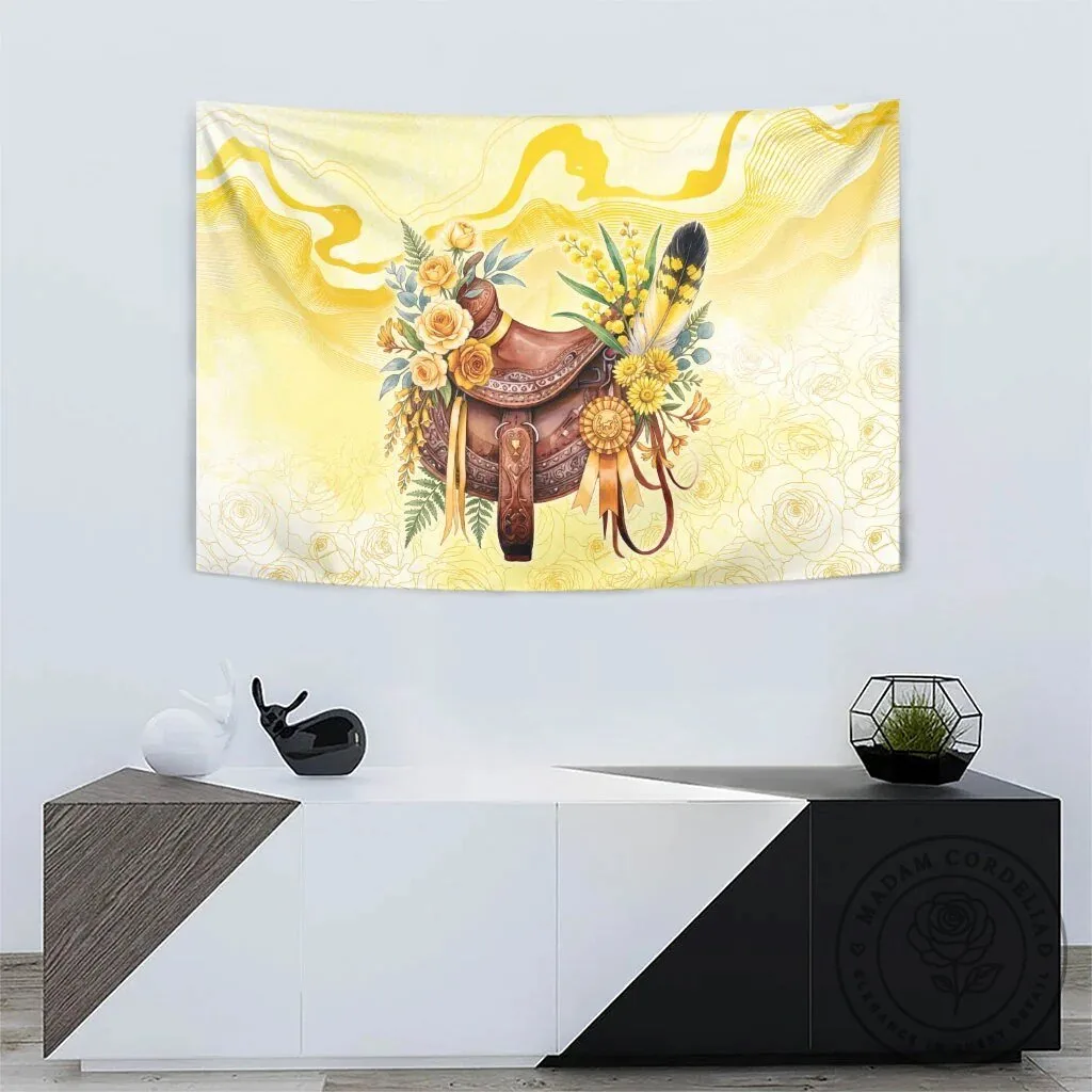 Floral Horse Saddle Tapestry with Yellow Roses and Wattle Flowers Wall Hanging 12 Floral Horse Saddle Tapestry with Yellow Roses and Wattle Flowers Wall Hanging