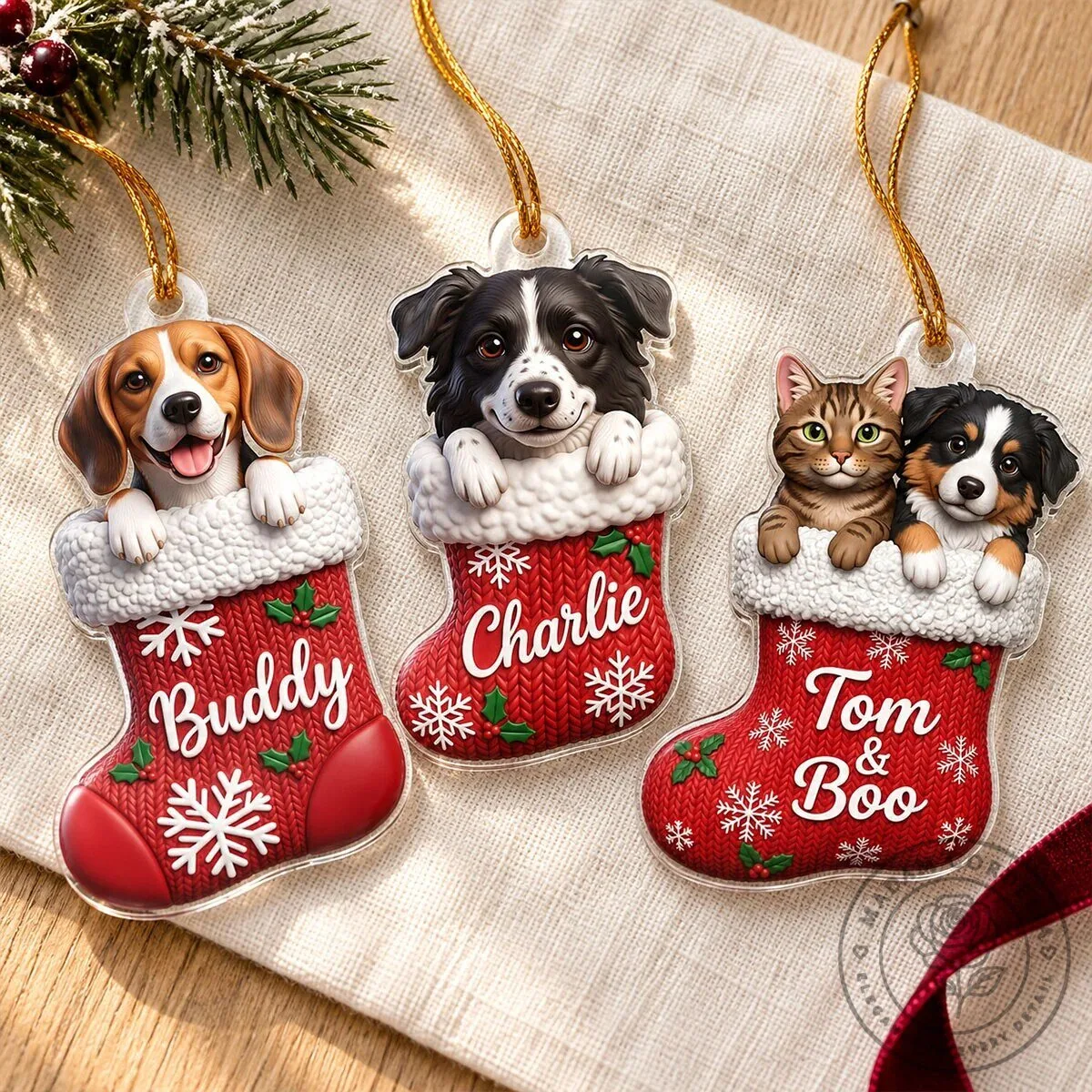 Personalized Pet Dog Cat Christmas Stocking Acrylic Ornament