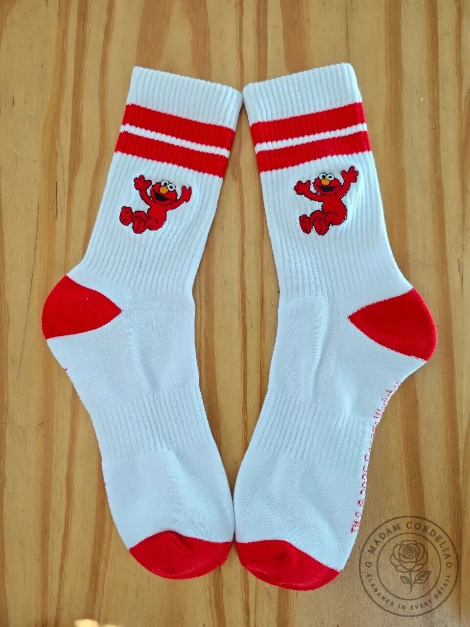 Elmo Hugging Pose Cartoon Character White and Red Striped Crew Socks