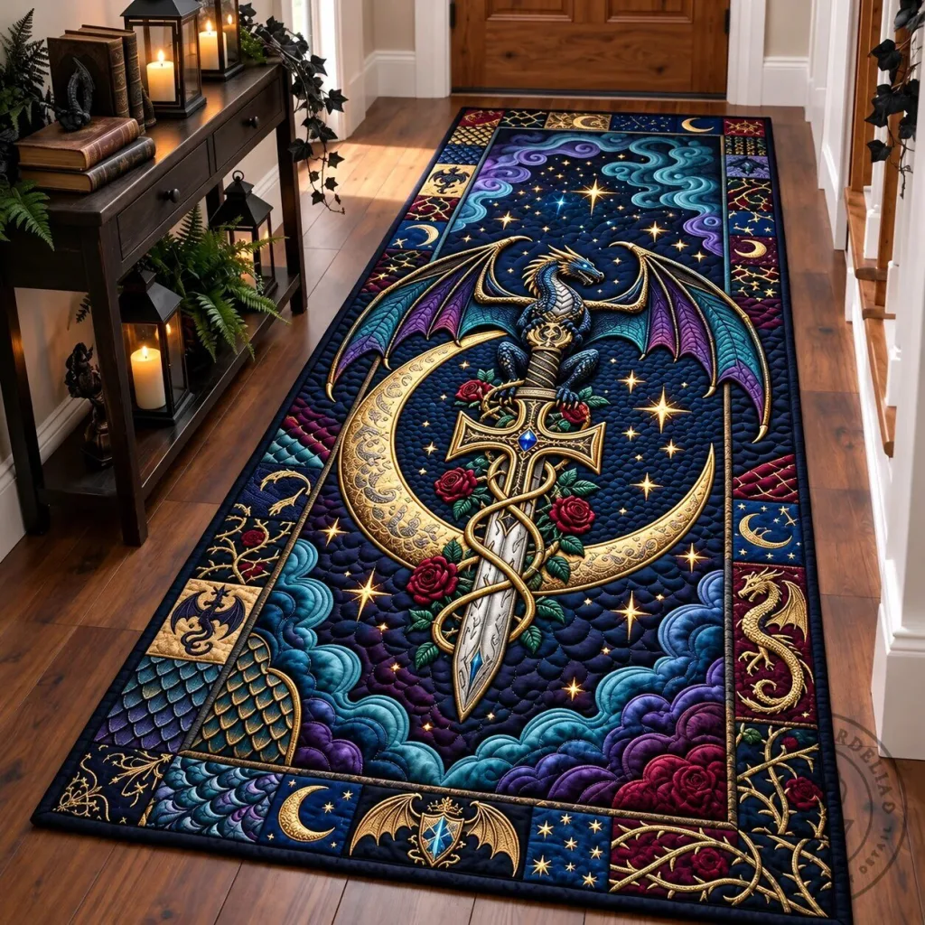 Gothic Dragon Crescent Moon Sword and Roses Fantasy Art Runner Rug Gothic Dragon Crescent Moon Sword and Roses Fantasy Art Runner Rug
