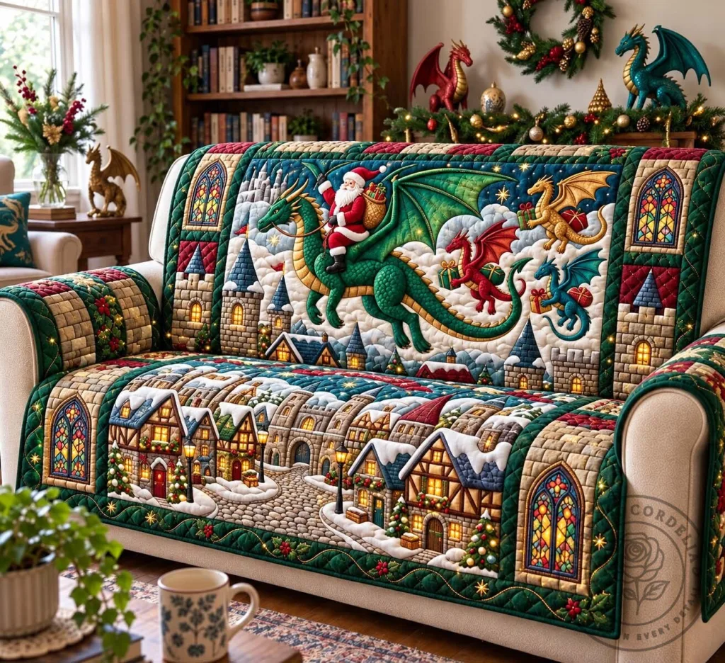 Christmas Santa Claus Dragon Rider Quilted Sofa Cover Christmas Santa Claus Dragon Rider Quilted Sofa Cover
