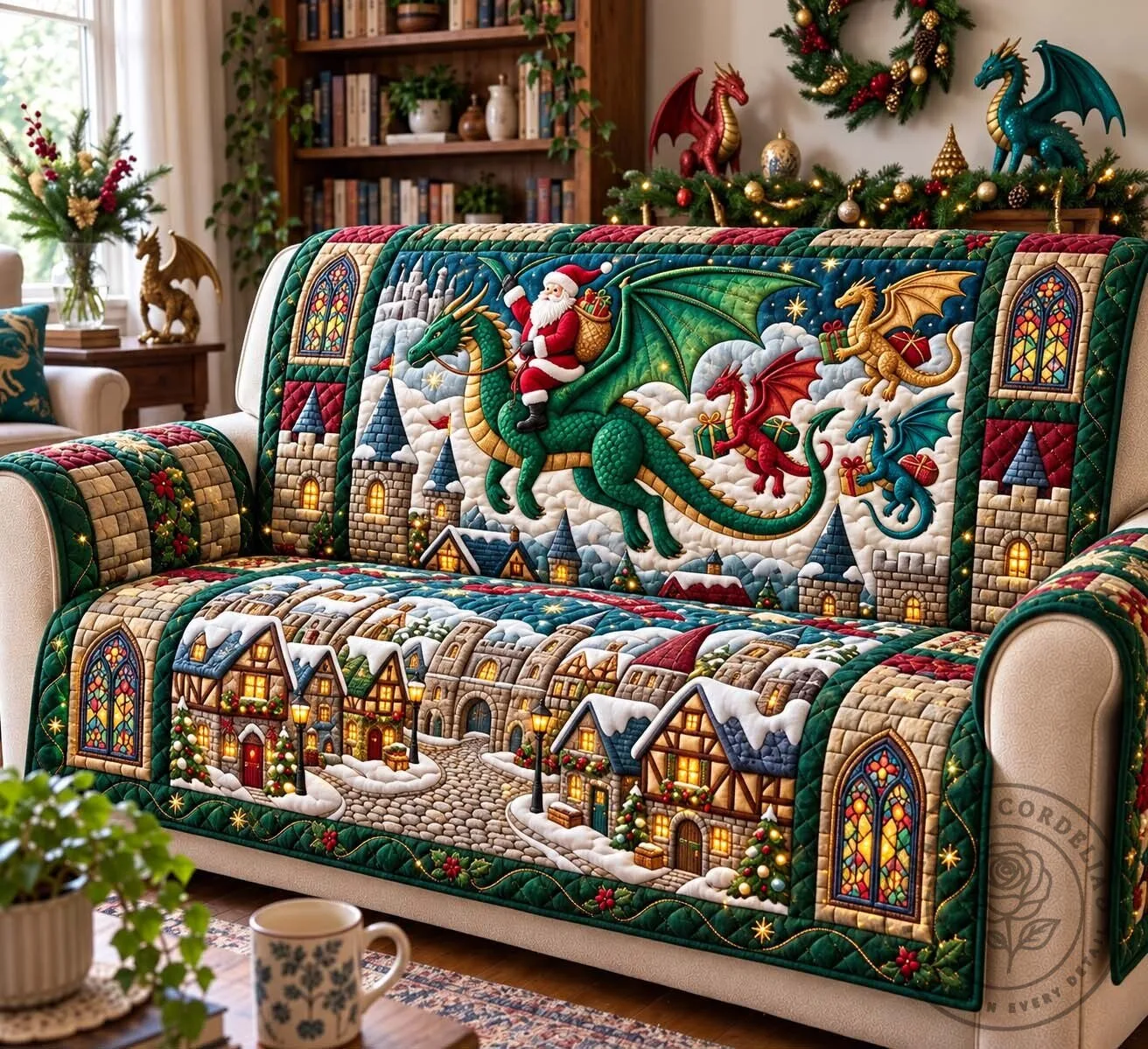 Christmas Santa Claus Dragon Rider Quilted Sofa Cover