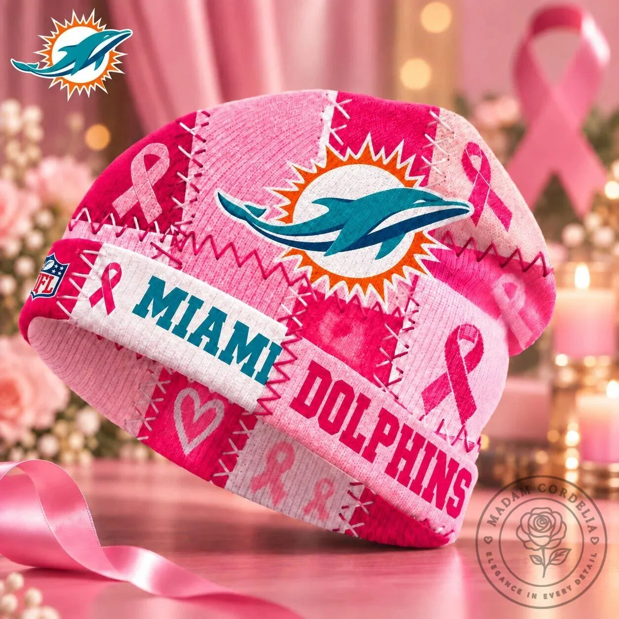 Miami Dolphins NFL Breast Cancer Awareness Pink Ribbon Patch Beanie Hat 5 Miami Dolphins NFL Breast Cancer Awareness Pink Ribbon Patch Beanie Hat