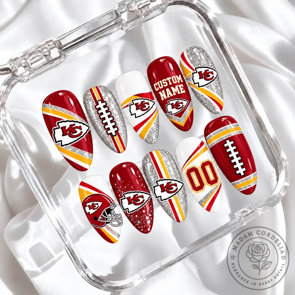 Kansas City Chiefs Football Team Glitter Custom Press On Nails Set Kansas City Chiefs Football Team Glitter Custom Press On Nails Set