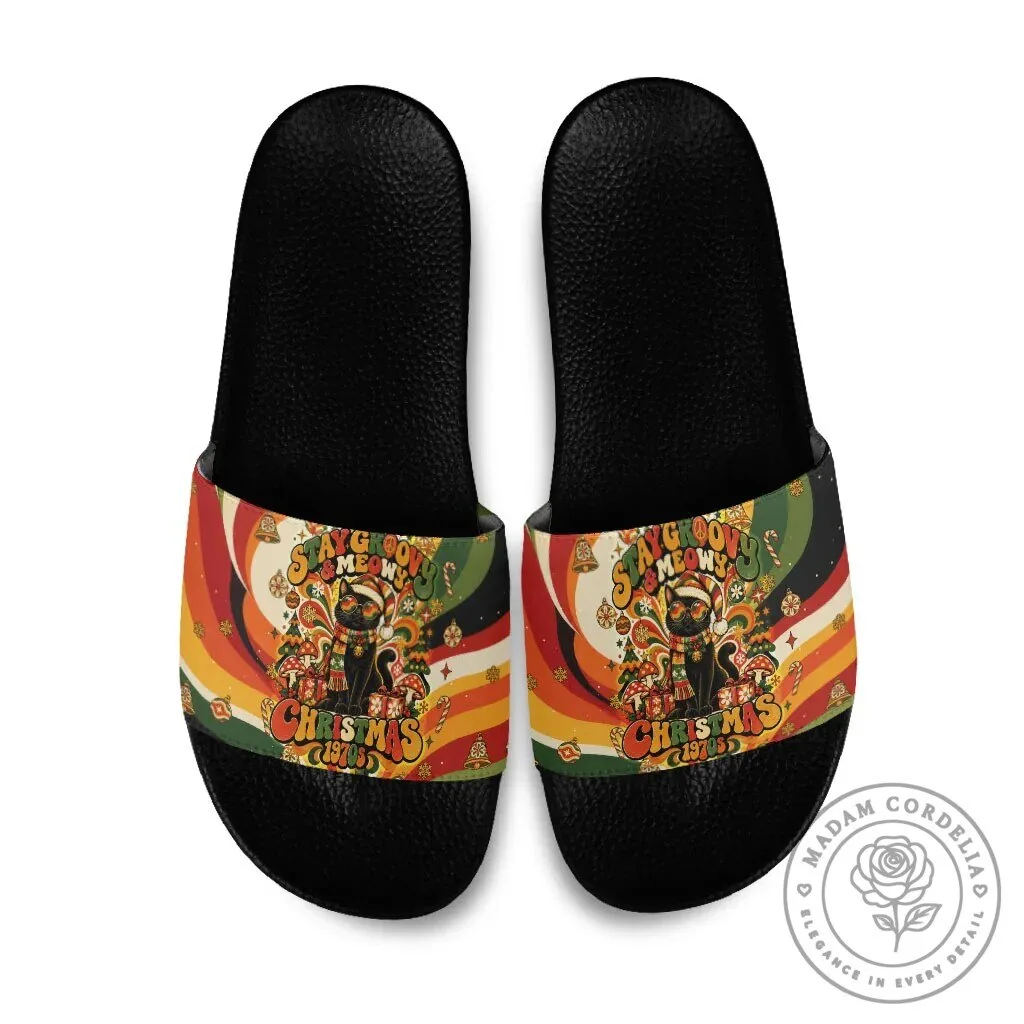 Stay Groovy Meow Christmas Child Black Cat Retro Holiday Slide Sandals 2 Stay Groovy Meow Christmas Child Black Cat Retro Holiday Slide Sandals