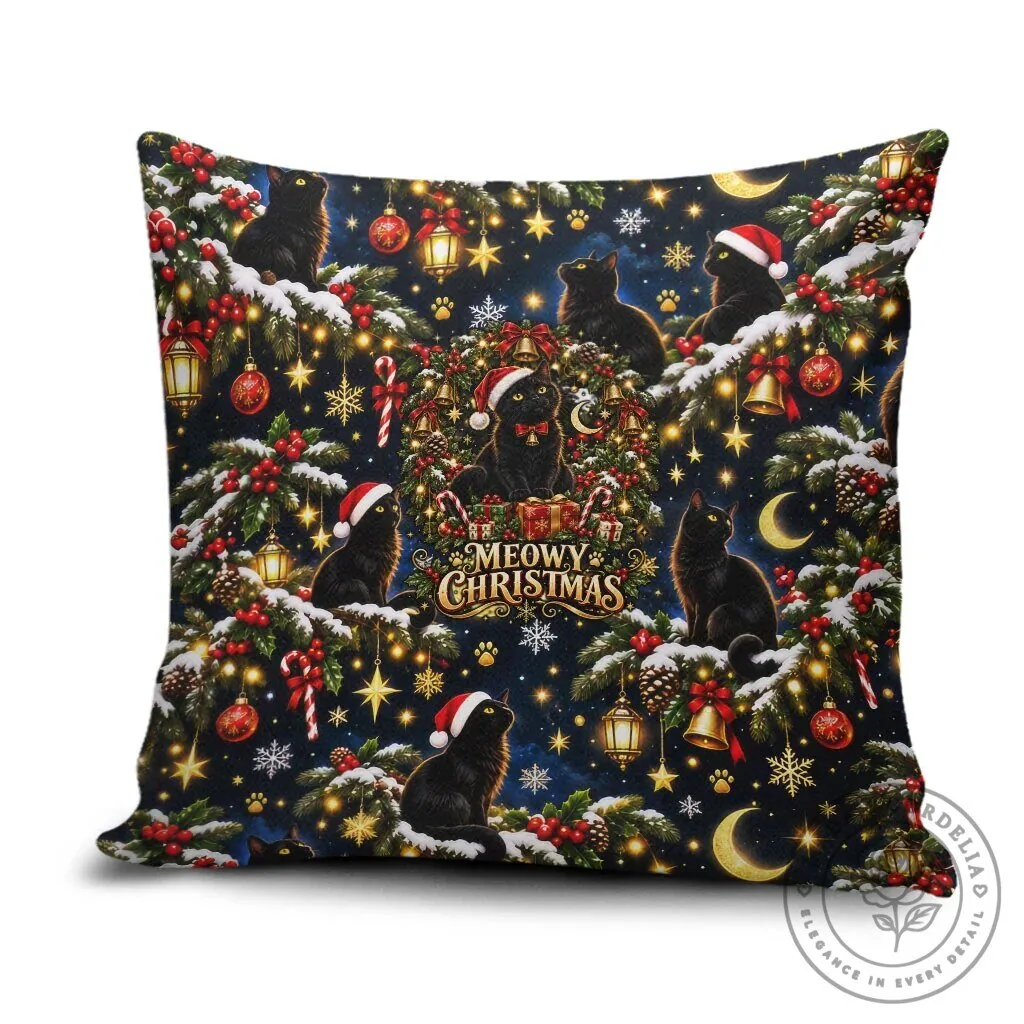 Black Cat Meowy Christmas Festive Night Tree Snow Stars Holiday Pattern Pillow