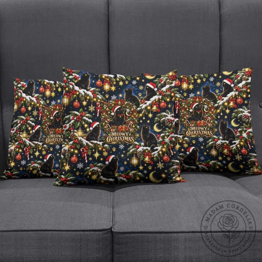 Black Cat Meowy Christmas Festive Night Tree Snow Stars Holiday Pattern Pillow 11 Black Cat Meowy Christmas Festive Night Tree Snow Stars Holiday Pattern Pillow