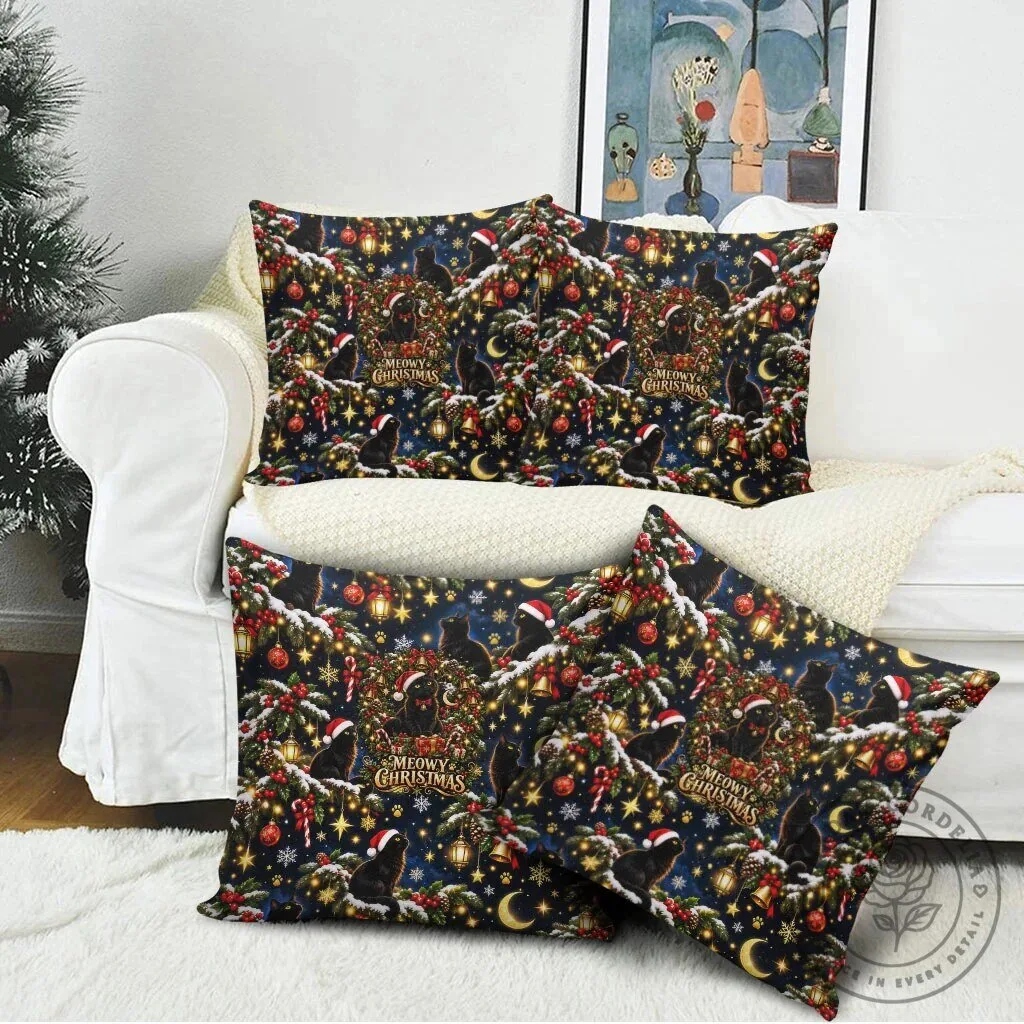 Black Cat Meowy Christmas Festive Night Tree Snow Stars Holiday Pattern Pillow 12 Black Cat Meowy Christmas Festive Night Tree Snow Stars Holiday Pattern Pillow