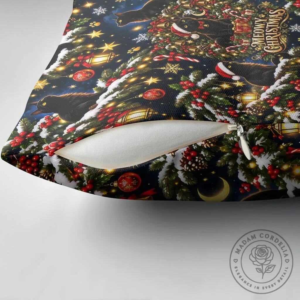 Black Cat Meowy Christmas Festive Night Tree Snow Stars Holiday Pattern Pillow 13 Black Cat Meowy Christmas Festive Night Tree Snow Stars Holiday Pattern Pillow