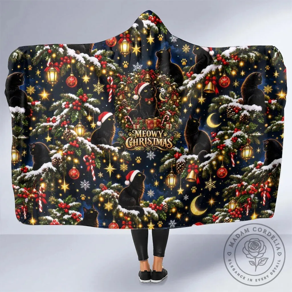 Meowy Christmas Black Cat Festive Night Tree Snow Stars Holiday Pattern Hooded Blanket