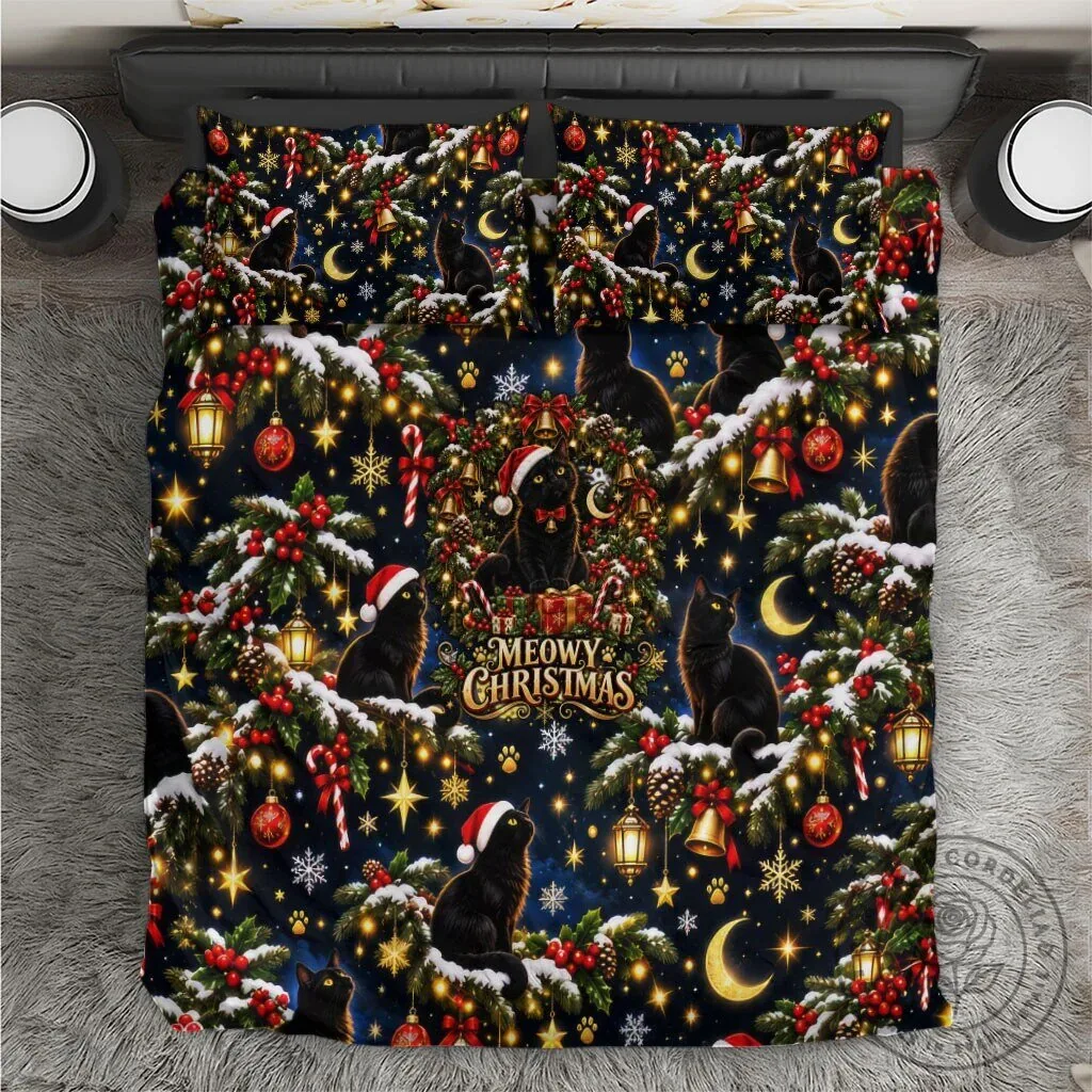 Black Cat Meowy Christmas Tree Holiday Pattern Bedding Set with Pillow Shams