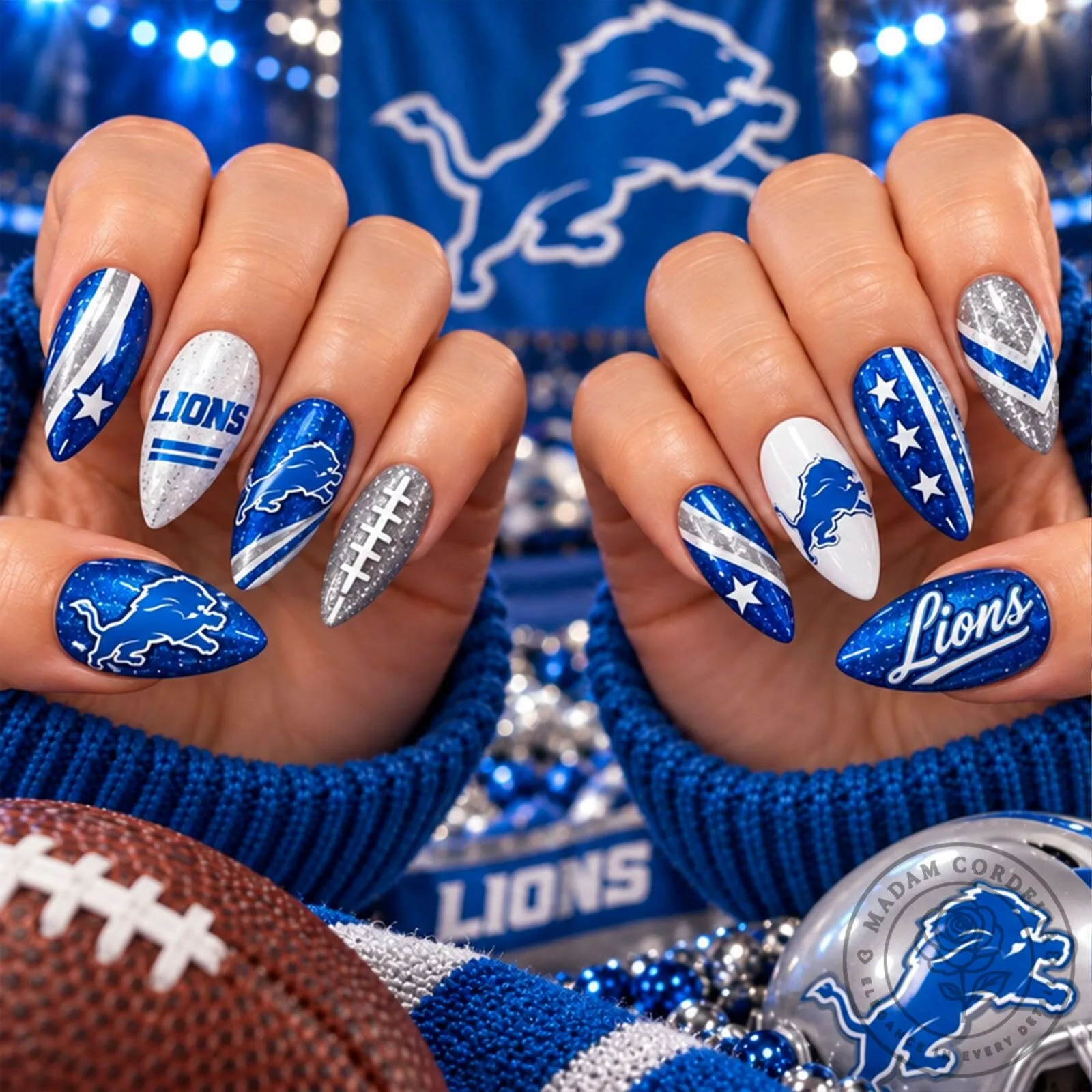 Detroit Lions Sparkle Football Game Day Press-On Nails