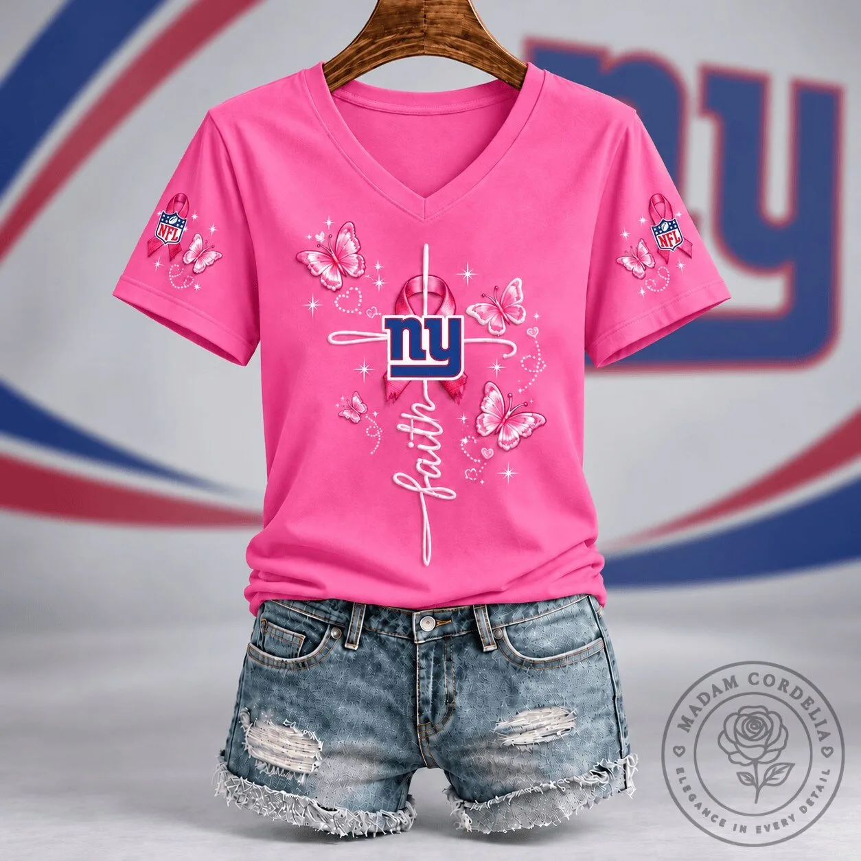 New York Giants NFL Faith Hope Love Breast Cancer Awareness Pink V-Neck T-Shirt