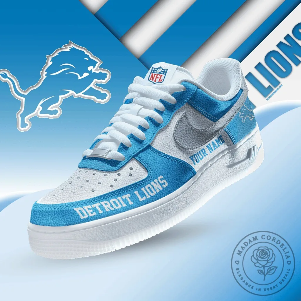Detroit Lions NFL Custom Name White and Blue Sneakers Shoes Detroit Lions NFL Custom Name White and Blue Sneakers Shoes