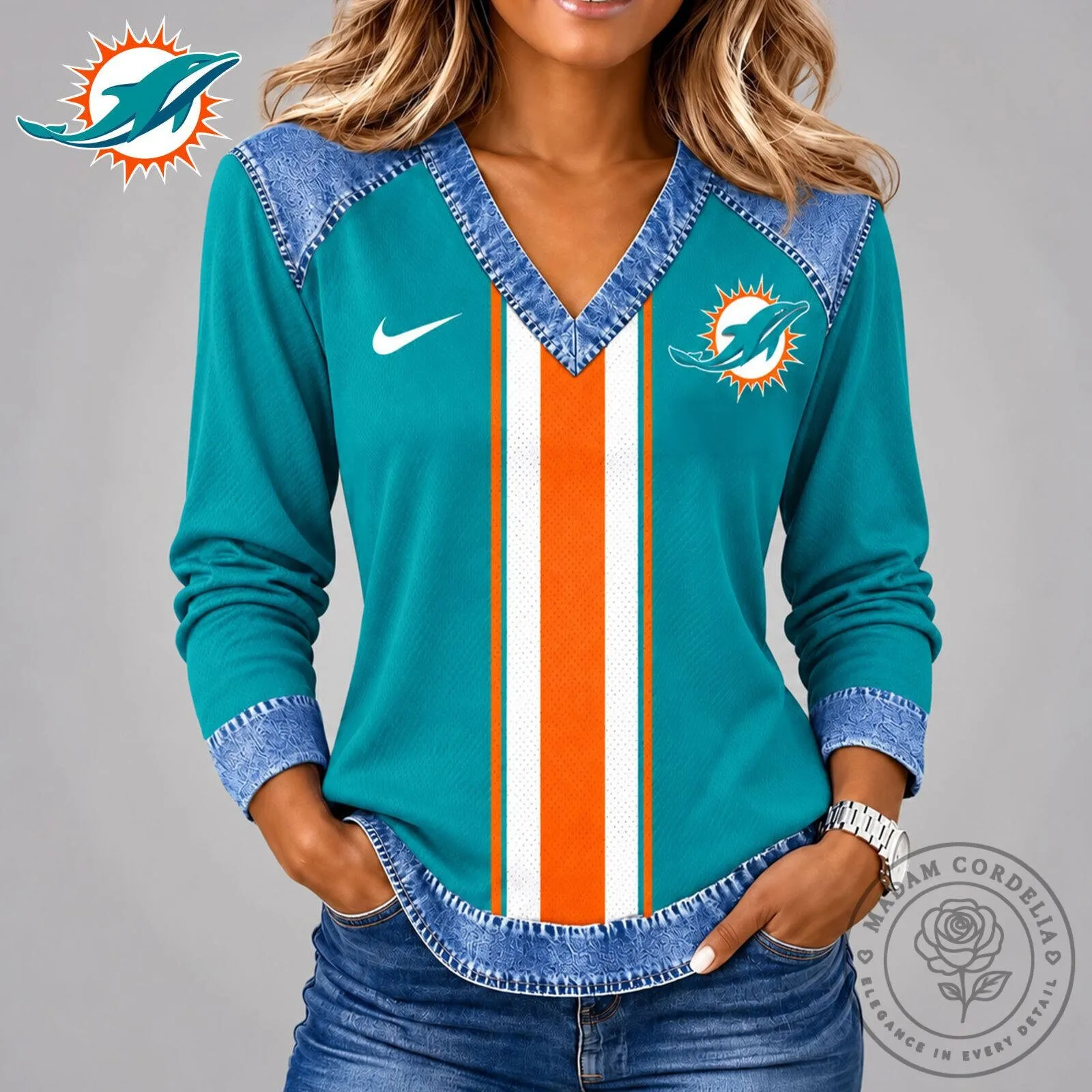 Miami Dolphins NFL Classic Vintage Long Sleeve V-Neck Shirt for Women