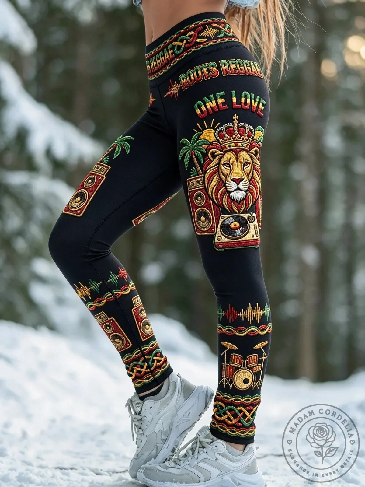 Roots Reggae One Love Lion Head Music Festival Black Leggings for Women