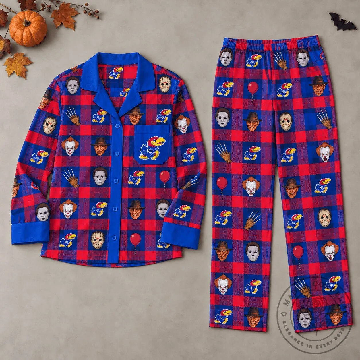 Kansas Jayhawks Halloween Horror Movie Characters Plaid Pajamas Set