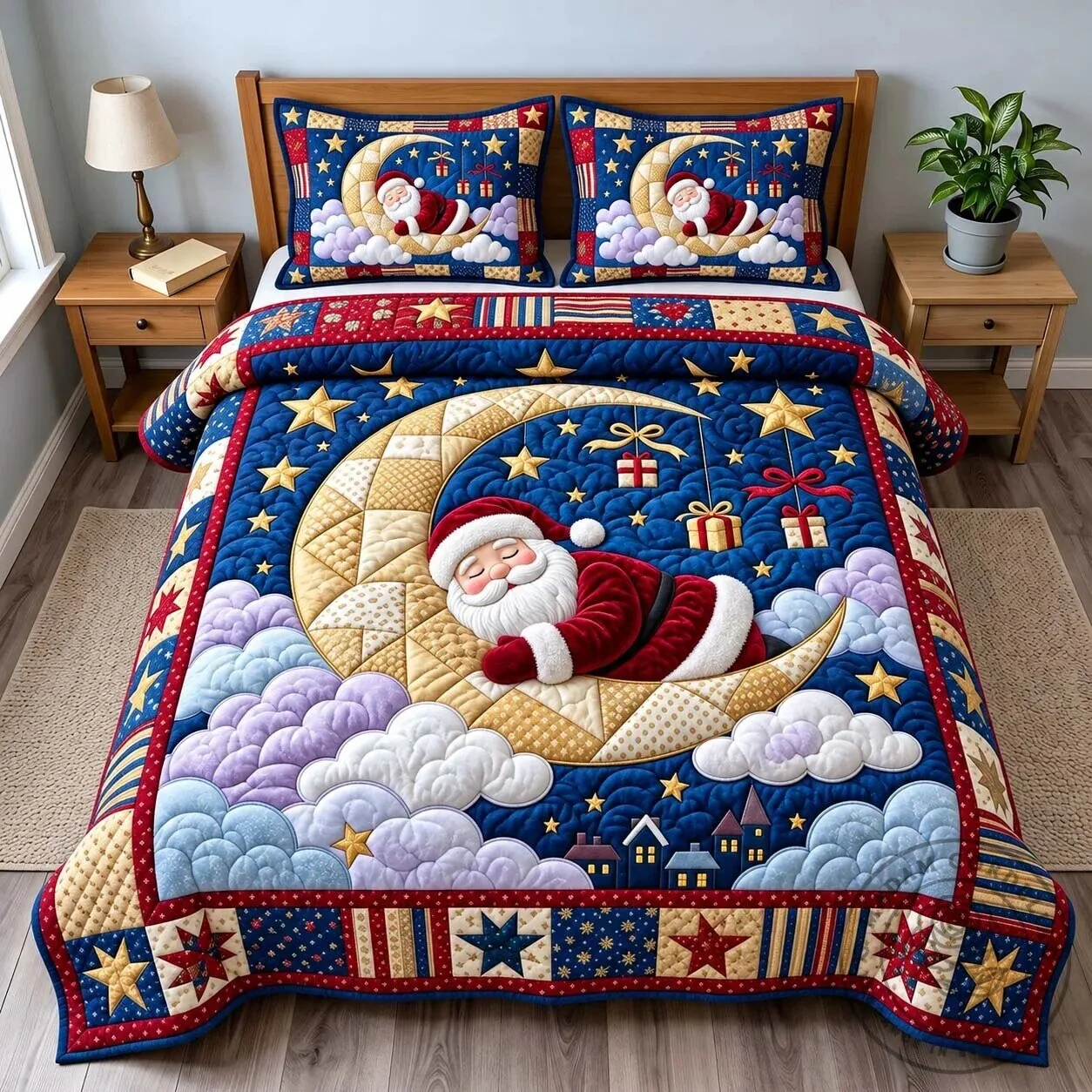 Sleeping Santa Claus on Moon Christmas Quilted Bedding Set