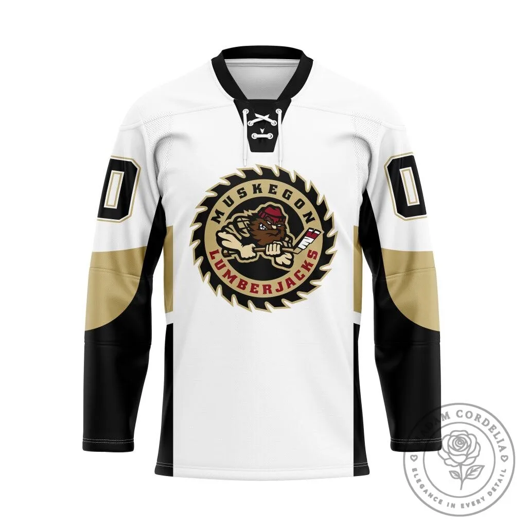 Muskegon Lumberjacks Personalized White and Gold Hockey Jersey