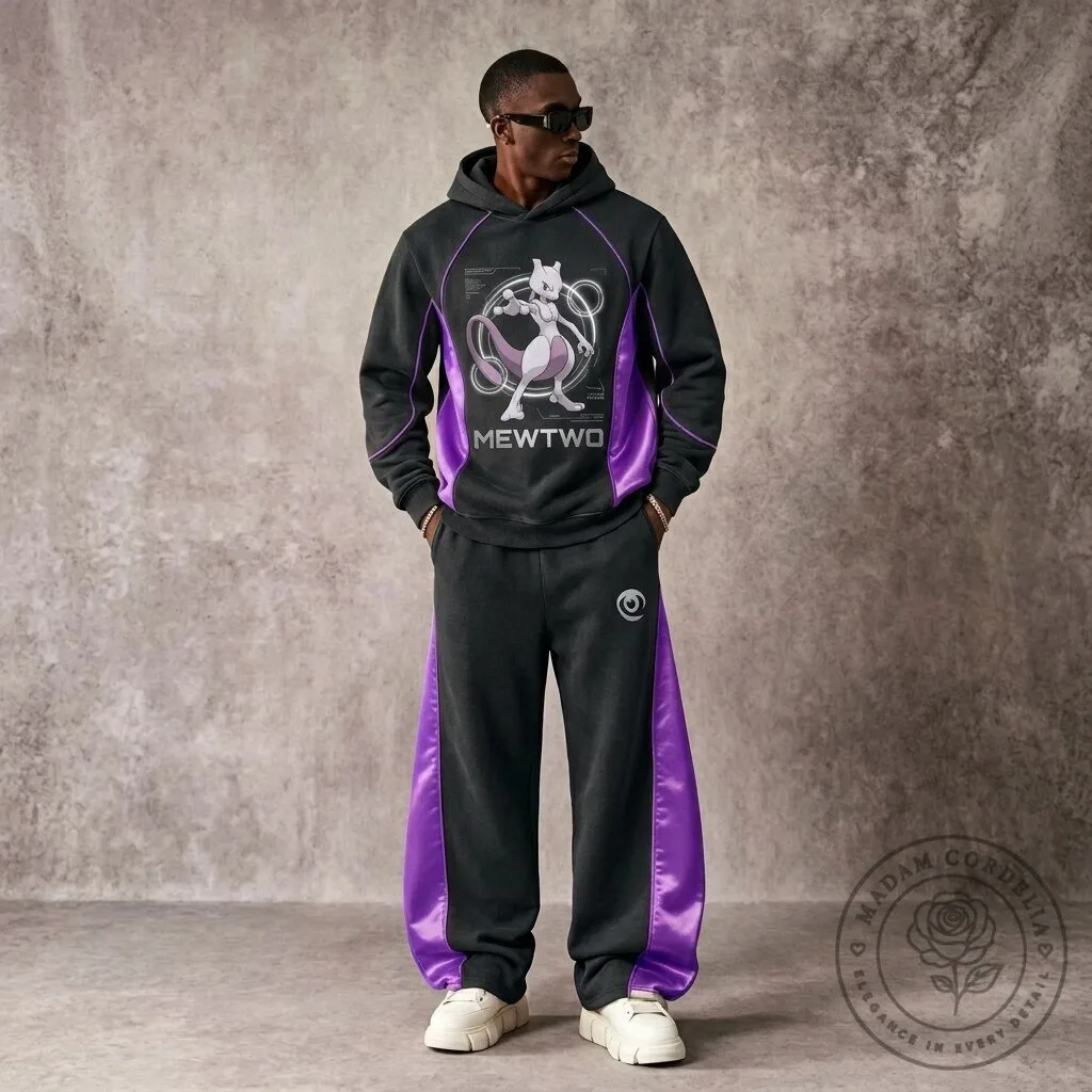 Mewtwo Pokemon Character Graphic Print Black and Purple Hoodie Sweatshirt