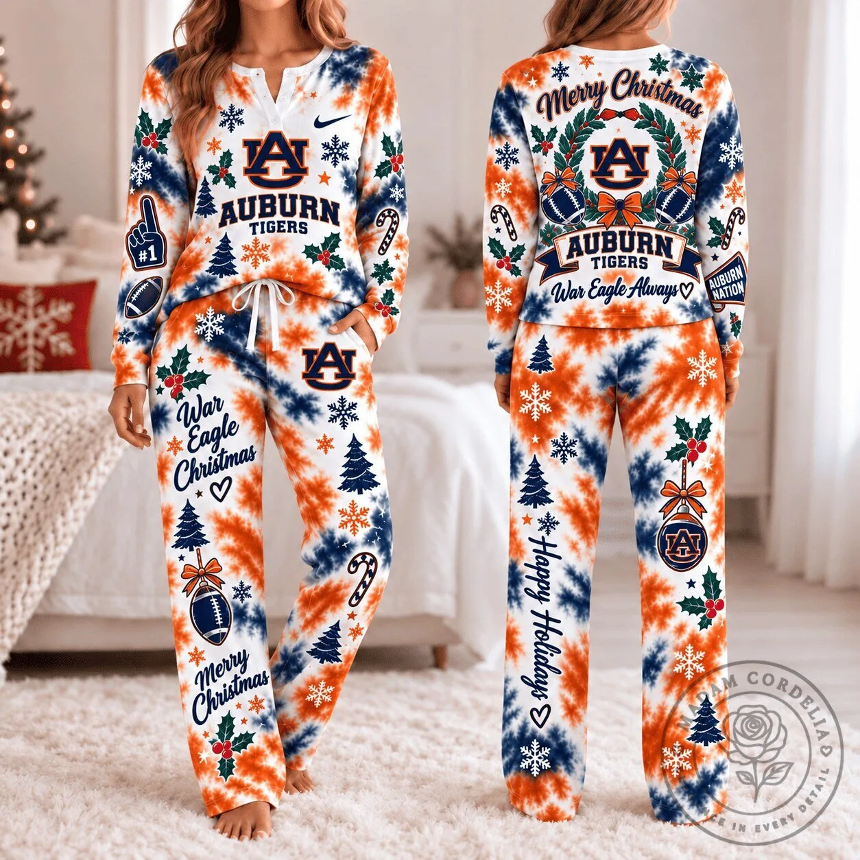 Auburn Tigers Christmas Tie-Dye Long Sleeve Pajamas Set