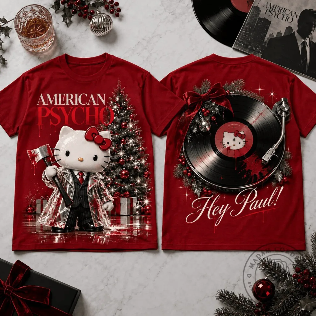 American Psycho Hello Kitty Killer Christmas Horror Movie Fan T-Shirt American Psycho Hello Kitty Killer Christmas Horror Movie Fan T-Shirt