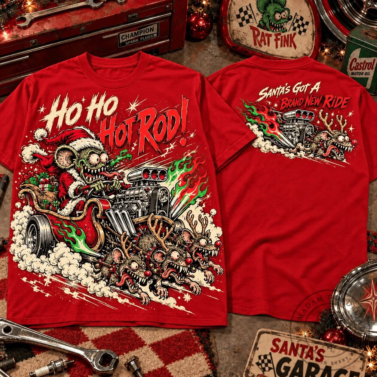 Rat Fink Ho Ho Hot Rod Santa Christmas T-Shirt