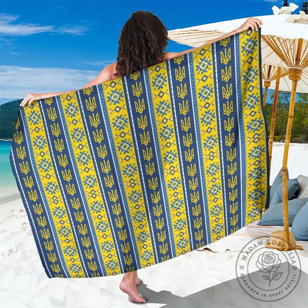 Ukrainian Trident Pattern Beach Towel, Blue and Yellow Ukraine Flag Design