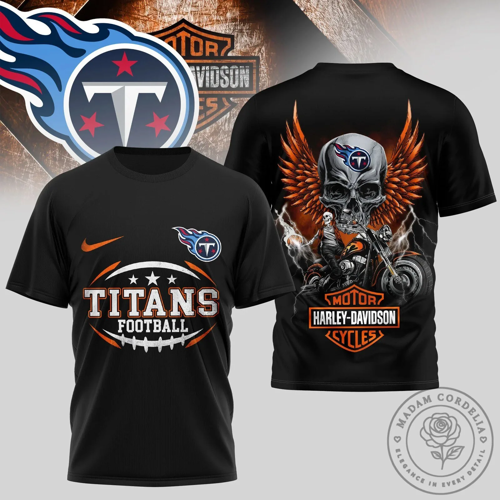 Tennessee Titans Harley Davidson Skull Wings Motorcycle Graphic Black T-Shirt