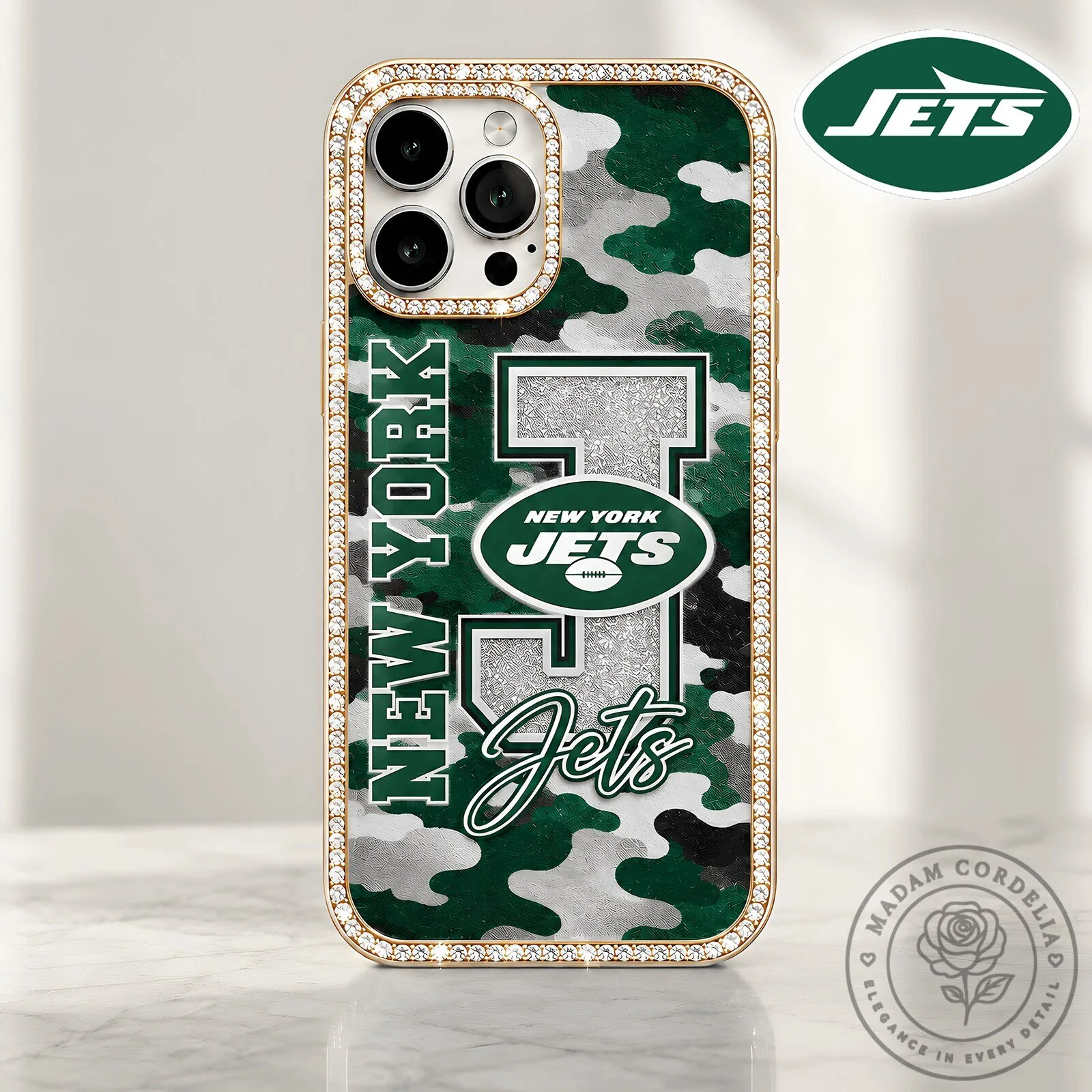 New York Jets Football Team Camouflage Bling Diamond Luxury Phone Case